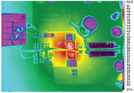 Figure 5. Thermal image of the converter VIN –12 V, VOUT +12 V at 6 A, natural convection cooling, no air flow.