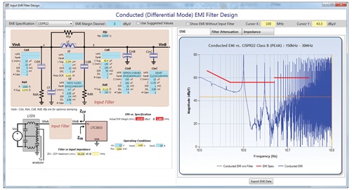 Figure 6. LTpowerCAD conducted DM EMI filter design window (Lf = 0, no filter). Figure 6. LTpowerCAD conducted DM EMI filter design window (Lf = 0, no filter).