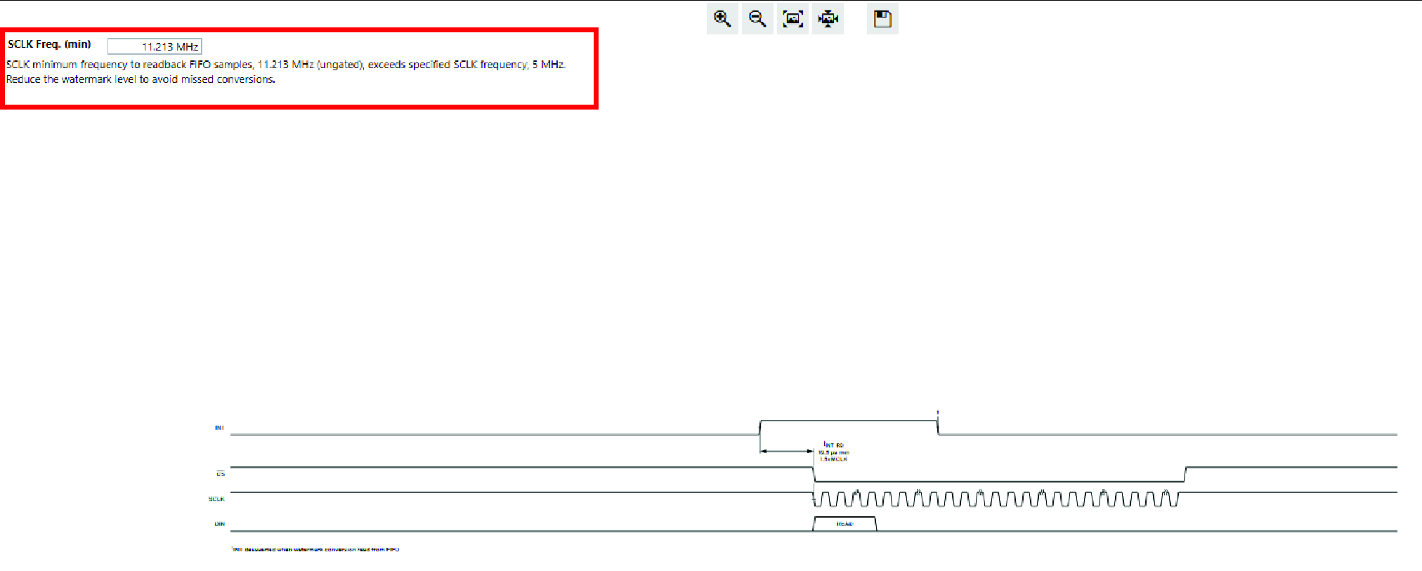図23. ACEによるAD4130-8の分析。FIFOからのデータの読み出しに使用するウィンドウとアラートが表示されています。