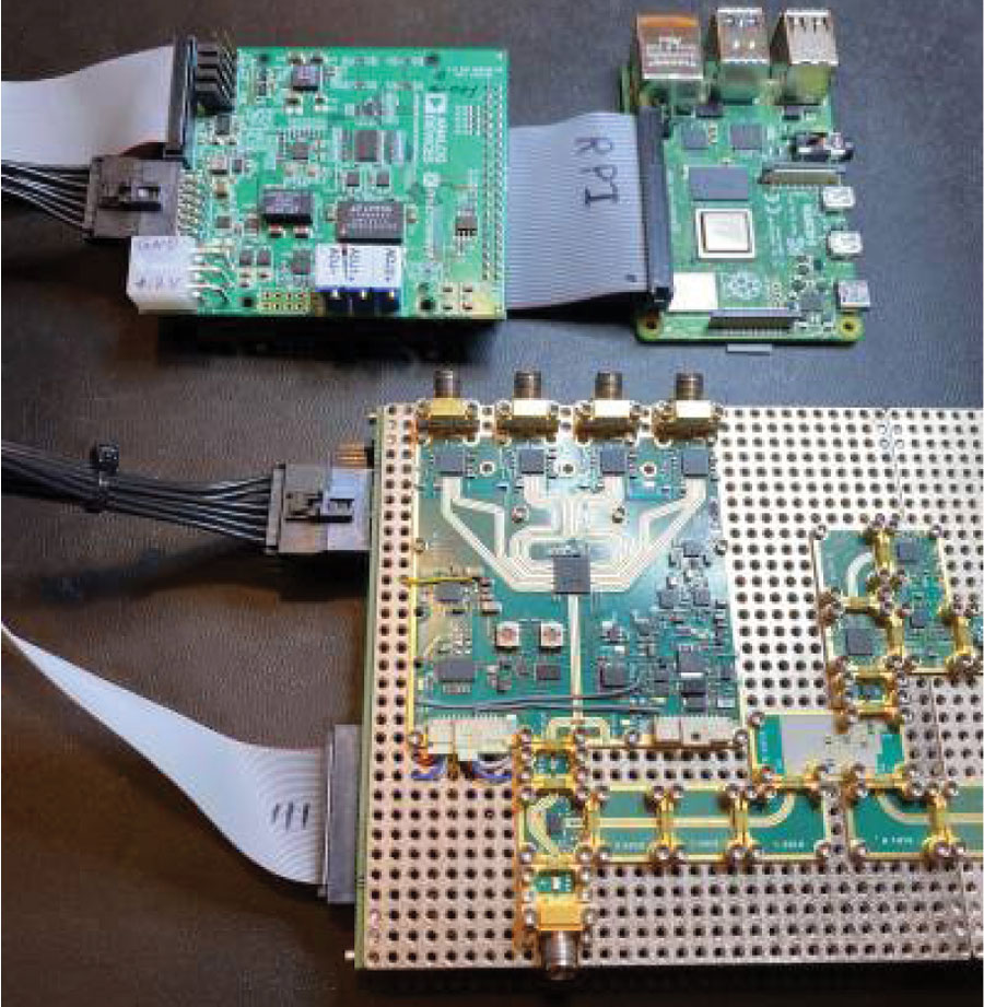 図1. X-Microwaveのプラットフォームを利用したプロトタイプの全体像。ブリッジ・ボードであるFMC-XMW、X-Microwaveベースのシグナル・チェーン、Raspberry Piで構成されています。電源とデジタル制御用の要素も盛り込まれています。