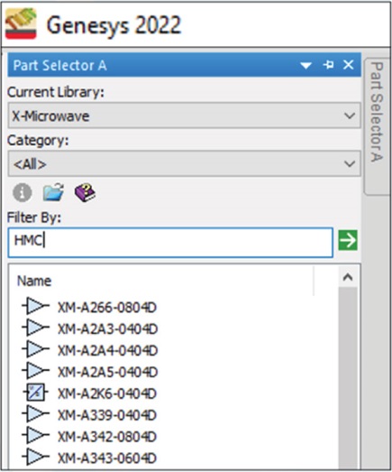 Figure 6. An example of an X-Microwave library within Genesys’s part selector, with parts searchable by RF IC part number.